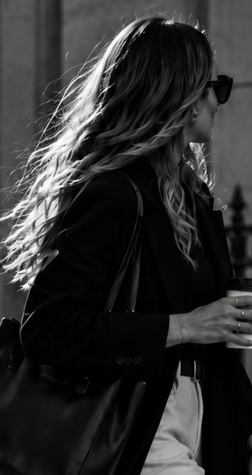 Woman in a tailored blazer walking through the city